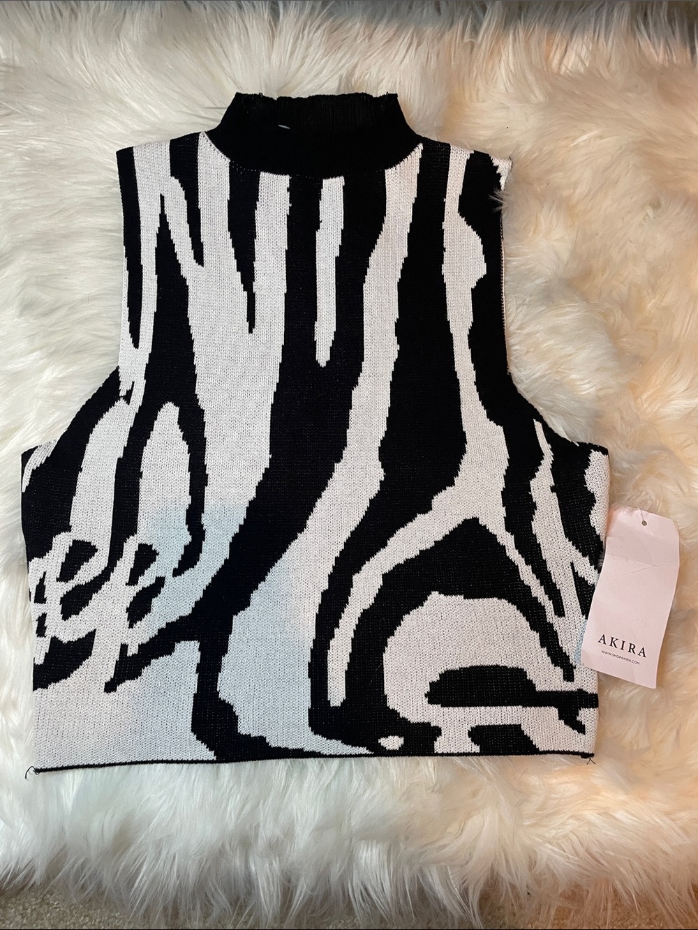 AKIRA Black & White Zebra Mock Neck Sleeveless Tank